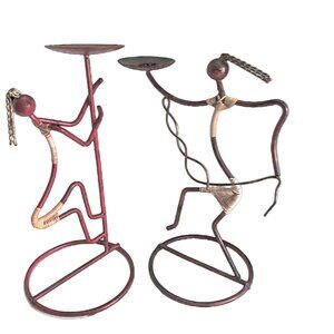 Abstract Wrought Iron Rattan Candle Holders, Sculptural Figures, Home Decor